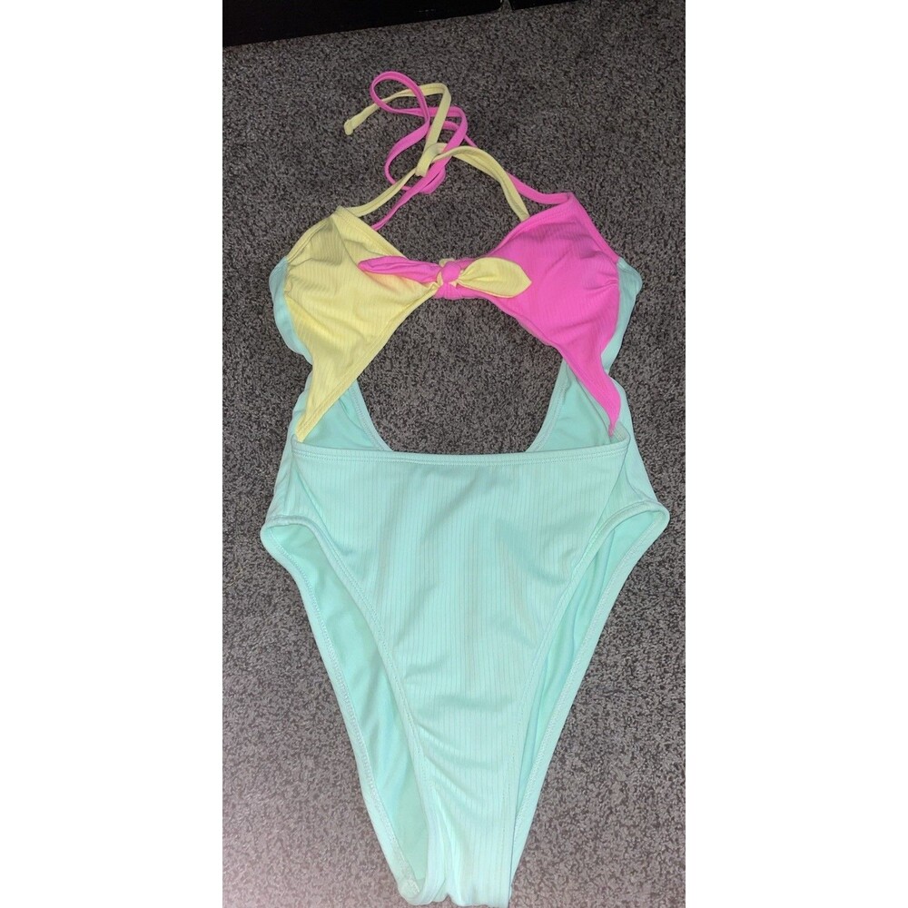 Xhilaration S Colorblock One Piece Swimsuit Pink Yellow Mint Halter Tie Cutout